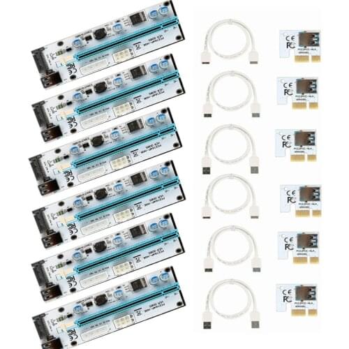 3/6PCS VER008S PCI-E 1X To 16X Extender PCIE Riser Card 80CM 60CM USB 3.0 Cable 4Pin 6Pin 15Pin SATA Power Supply LED Indicator