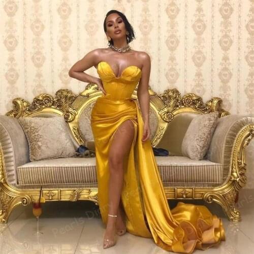 Abendkleider 2021 Gold Sexy Split Prom Dresses Sweetheart Red Carpet Dress Arabic Dubai Long Prom Gowns Party Dresses Vestidos