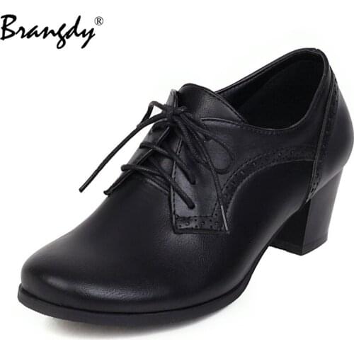Brangdy Women Shoes Leather Lace Up Oxford Shoes igh Heels Solid Color Thick Bottom Thick Heel PU Leather Fashion Shoes