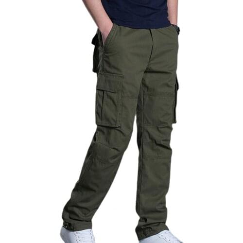 2021 Pants Men Multi Pockets Solid Color Cargo Pants Breathable Elastic Waist Camping Pants Solid Color Straight Men Pants