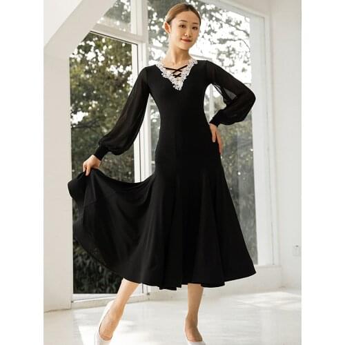 Black Ballroom Dance Dress Ladies V Neck Puff Long Sleeves Dress Practice Wear Ballroom Competition Costume Prom Dress BL6284