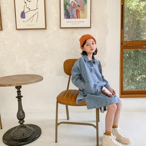 Toddler Girls Long Sleeve Denim Dress 2021 Spring New Korean Kids Casual Dresses Fashion Solid Big Pocket Lapel Dress For Girl