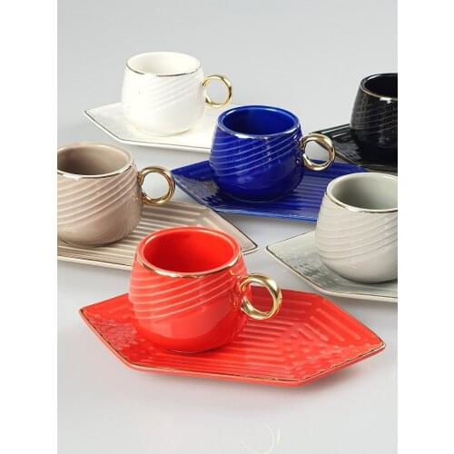 Porcelain Coffee Cup Luxury Set Of 12 Quality Pattern Cream Blue Grey Black Coffee Turkish Tea Cups with Saucers Plate Espresso