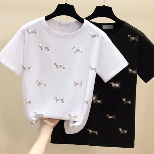 Diamond Cotton T-Shirt Short Sleeve New 2021 Korean T shirt Women Clothes Casual White Female Summer Tops Black Tee Shirt Femme