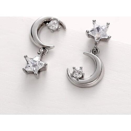 Huitan Simple Moon Star Drop Earrings Women Dazzling Crystal Zirconia Lovely Versatile Female Statement Earring Party Jewelry
