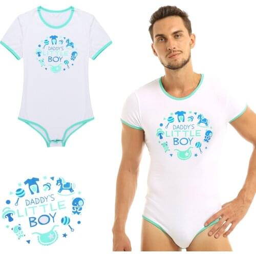 Men Adults Sissy One-Piece Lingerie Romper Pajamas Round Neck Short Sleeves Press Button Crotch Front Printed Bodysuit Sleepwear