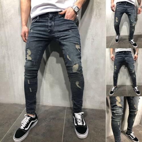 S-4XL Boys Mens Ripped Jeans Stretchy Skinny Slim Fit Denim Pants Destroyed Frayed Moustache Effect Trousers Fashion Streetwear