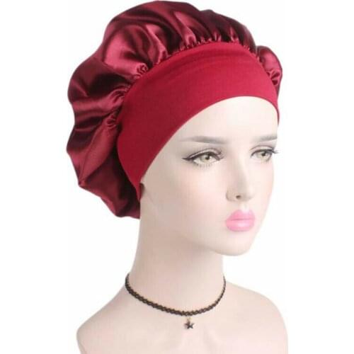 New Solid Fashion Silk Satin Night Sleep Cap Hair Bonnet Hat Head Cover Wide Band Adjust Elastic