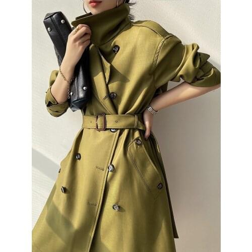 Obrix Trendy Female Classic Trench Office Lady Cool Double Breasted Full Sleeve A-Line Pockets Belts Casual Trench For Women