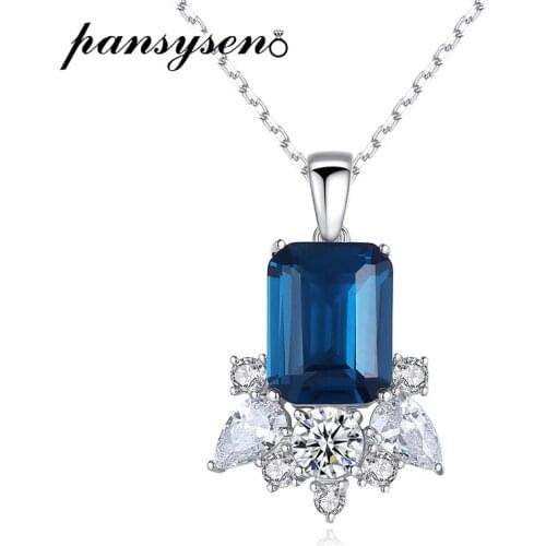 PANSYSEN 100% Real 925 Sterling Silver Blue Sapphire Gemstone Pendant Necklaces Female Fine Jewelry Charm Neckalce Drop Shipping