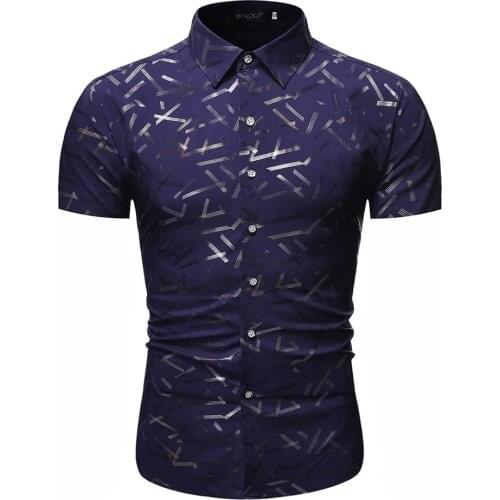 Mens new summer vacation leisure fashion business personality slim stripe printed short sleeve shirt wedding European size XXL