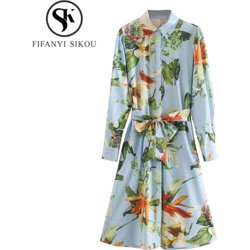 Spring Summer Women Shirt Dress Lapel Lace up Long sleeve Mid Long Dress Female Fashion Print Loose Party Dress Vestidos