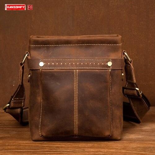 New Crazy Horse Leather Men Messenger Bag First Layer Cowhide Vertical Mens Bag Leather Casual Shoulder Bags Crossbody Bag