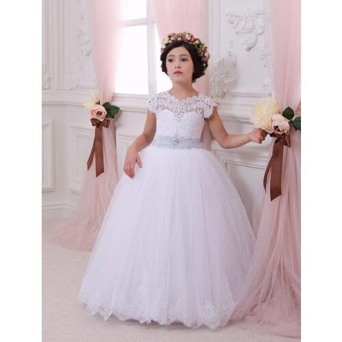Vintage Flower Girl Dresses For Weddings White Lace Custom Made Princess Tutu Sequined Appliqued Bow Kids First Communion Gown