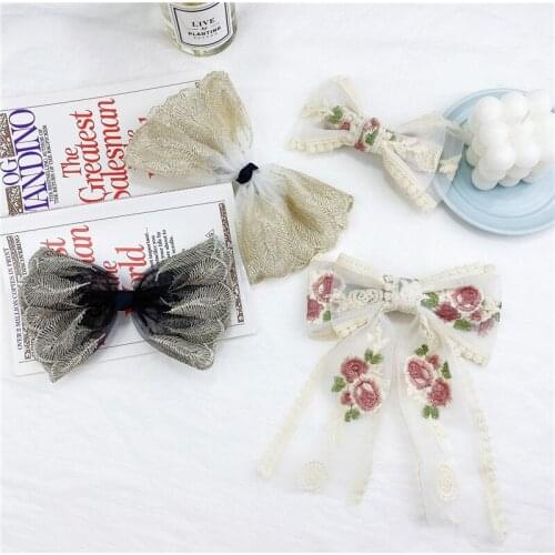Vintage Large Size Lace Bow Women Hair Clips Boutique Rose Floral Printed Ribbon Barrettes Hairpin for Girls Princess Headdress