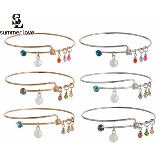 Random Colorful crystal bangles bracelet round simulated pearl gold color pendant bracelet for women expandable wire jewelry