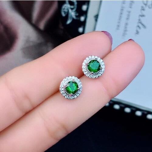 Natural green diopside earrings S925 silver Natural gemstone earring women fashion small simple round girl gift party jewelry