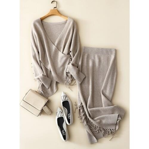 100% cashmere sweater women New V-neck Fashionable Tassel Irregular Knitting High Waist Pack Hip Skirt Cashmere Suit