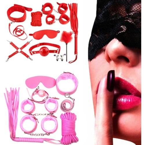 10Pcs Faux Leather Blinder Handcuff Foot Strap Whip Rope Collar Handcuffs Nipple Clamps Sex BDSM Toy Set Sex Toys For Couples