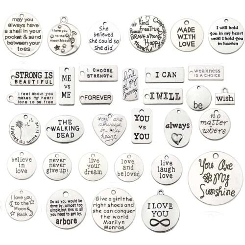 31pcs I CAN, MADE WITH LOVE,WISH,always, Mixed Cute Letter Charm Tibetan Silver Jewelry Making Charms for Bracelets