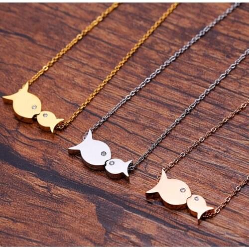 PROMOTION Classic Crystal Love Double kiss fish Pendants Rose Gold Stainless Steel Necklace For Couple Lovers' Gifts 2020