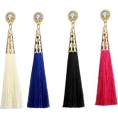 Bohemian Crystal Tassel Earrings Black Blue Rose Red Silk Fabric Long Tassel Earrings For Women Jewelry Vintage Ethnic Brincos