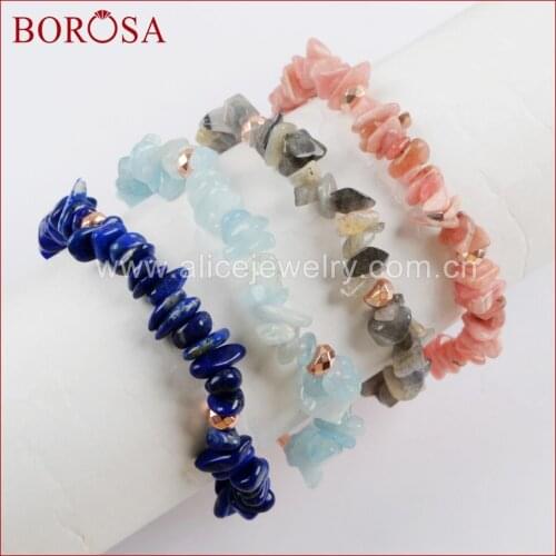 BOROSA 10PCS Rose Gold Color Tube Bar With Natural Multi-kind Stone Chips Bracelets Gems Bangle for Fashion Women Jewelry G1578