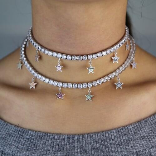 2021 Delicate Rainbow Colorful Cz Star Drop Cz Tennis Chain Necklace For Women Girl Fashion Iced Out Hip Hop Bling Charm Jewelry