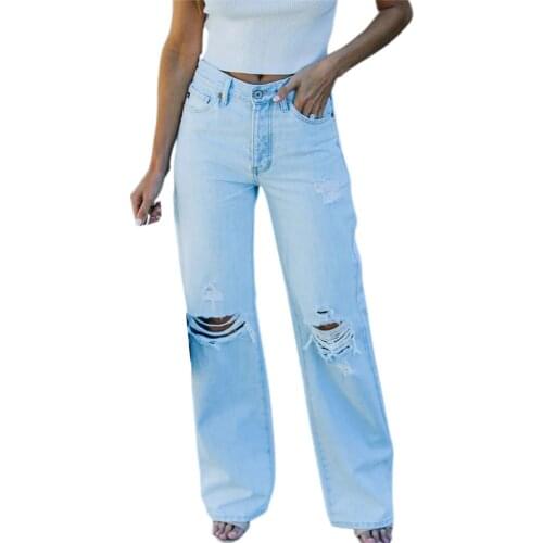Womens High Waist Ripped Loose Jeans Fashion Summer Solid Color Denim Pants Cowboy Casual Womens Trousers Vaqueros Daily