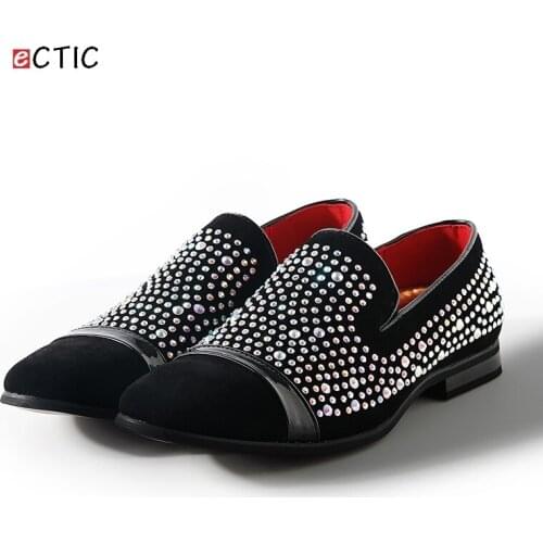 ECTIC 2018 Classic Gentlemen Rhinestones Glitter Decor Men Smoking Loafers Slipper Formal Shoes Wedding Dress Mens Slip On