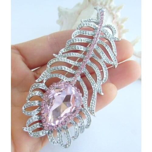 Elegant Peacock Feather Brooch Pin Pendant Pink Rhinestone Crystal EE06631C1