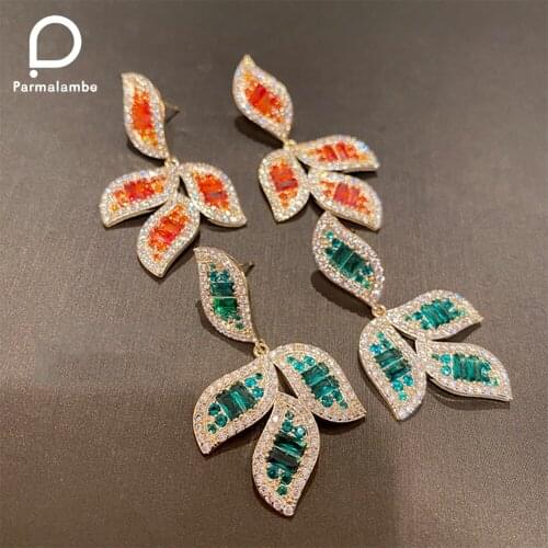 Elegant CZ Crystal Green And Orange Leaf Design Pendant Womens Earrings Wedding Party Jewelry