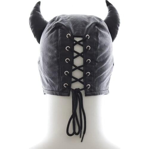 Head Cover Black Leather of Devil Accessory Suit Carnival Halloween Adult Sex Game Open Mouth BDSM Headgear M2