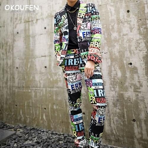 Personality Korean version Fashion Man letters printing Slim Suits hip hop style suit nightclub singer host tidal suit