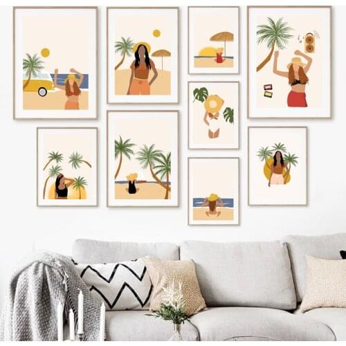 Beach Car Coconut Tree Monstera Tropical Wall Art Canvas Painting Nordic Posters And Prints Wall Pictures For Living Room Decor