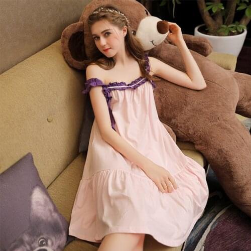 Fashion Cotton Spaghetti Strap Night Dress Women Sweet Patchwork Ruffles Girl Lingerie Mini Dress Plus Size Nightgown Sleepwear