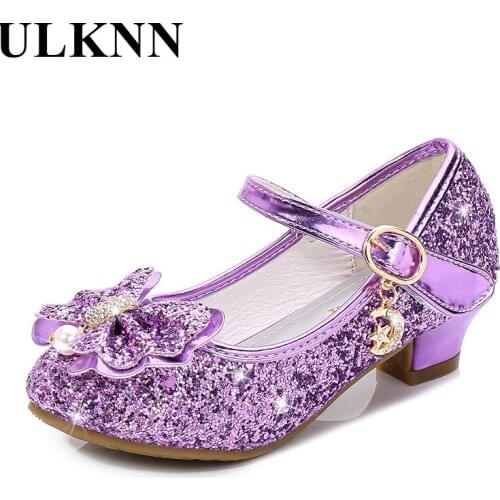 ULKNN Girls Butterfly Knot High-Heel Sequins Non-Slip Princess Shoes Shoes Kids Crystal Shoes Childrens Leather Shoes