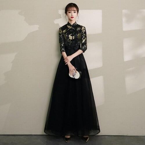 Mandarin Collar Black Sexy Chinese Dress Cheongsam Half Sleeve Long Evening Party Gown With Bow 2021 Spring Qipao Maxi Dress