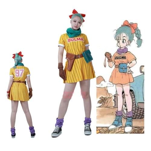Anime Dragon Bulma Cosplay Costume Yellow Dress with Scarf and Belt Halloween Christmas Party Uniform