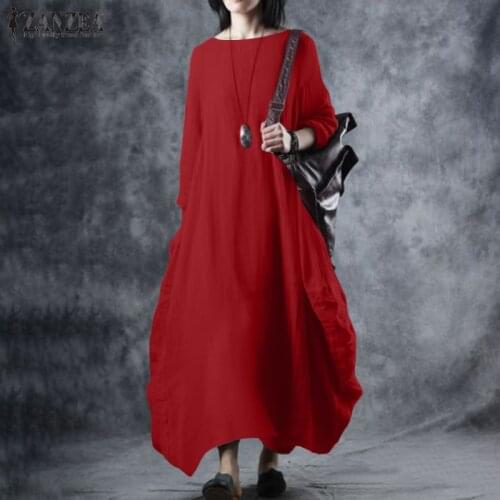 ZANZEA Autumn Solid Maxi Sundress Vintage Women Cotton Linen Dress Loose Dresses Long Sleeve Kaftan Vestido Robe