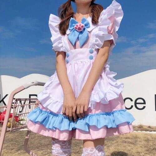 Plus Size 4XL Women Maid Outfit Anime Cute Cat Pink Blue Lace Trim Apron Cat Paw Lolita Dresses Cosplay Costume Full Set
