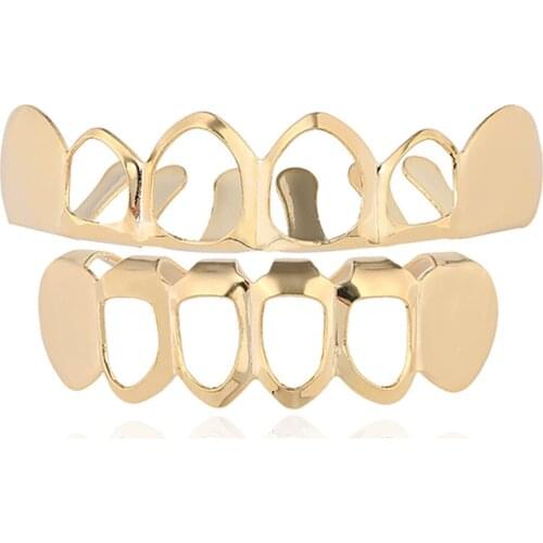 Grillz For Men 18K Pure Gold Color Plated Top & Bottom Teeth 4 Open Hip Hop Grills Hollow set Grillz Dental Grills Body Jewelry