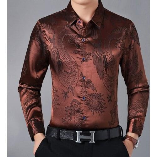 Chinese style embossed dragon pattern high-end luxury long sleeve shirt Autumn 2018 quality silk cotton boutique shirt men M-3XL