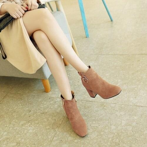 Plus Size 10 11 Square-headed metal Pearl round-buttoned thick-heeled zipper boots