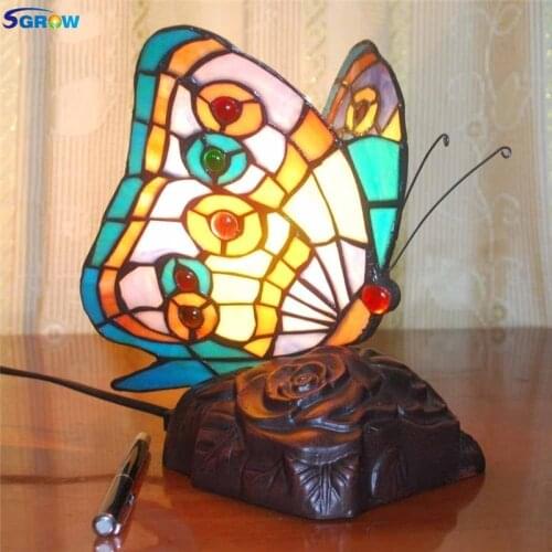 SGROW Art Deco Glass Butterfly Lampshade Desk Lights for Bedroom Dining Room European Tiffany Table Lamp Indoor Lighting Fixture