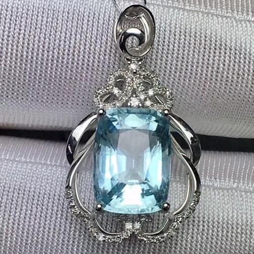 Fine Jewelry Real 18K White Gold AU750 Natural Blue Aquamarine 4.3ct Gemstones Diamonds Ladys Pendants for Women Fine Necklace
