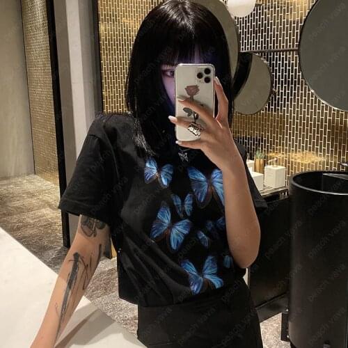 New Summer casual Japanese female Harajuku Ulzzang Short-sleeved Loose dark T-shirt O-neck blue butterfly print Retro chic tops
