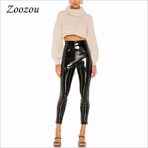 Women High Waist Slim PU Patent Leather Pants Sexy Skinny Black Latex Faux Leather Leggings Casual Bodycon Cropped Pants Custom