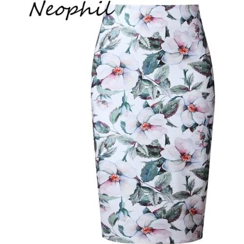 Neophil New 2021 Elegant Floral Print Ladies Summer Midi Pencil Skirts High Waist Fashion Stretch Slim Bodycon Office Saia S0417