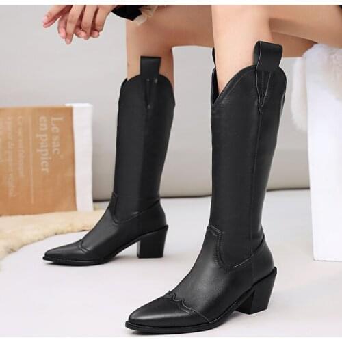 Women Knee High Boots Winter And Autumn Knee High Shoes Big Size Black Genuine Pu Women Zipper Pointed Toe Boots
